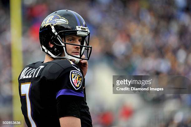 Quarterback Ryan Mallett of the Baltimore Ravens walks onto the field during a game against the Pittsburgh Steelers on December 27, 2015 at M&T Bank...