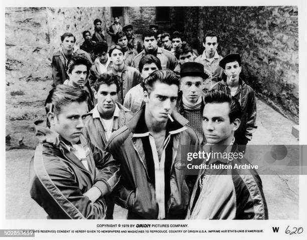 John Friedrich, Ken Wahl and Alan Rosenberg pose with a gang for the Orion movie "The Wanderers" circa 1979.