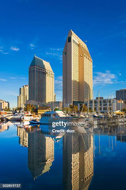 san diego skyline embarcadero marina reflections - san diego stock pictures, royalty-free photos & images