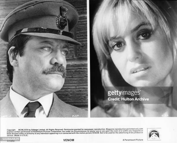 Oliver Reed plays Dave Averconnelly n a scene. Susan George poses for the Paramount Picture movie "Venom" circa 1981.