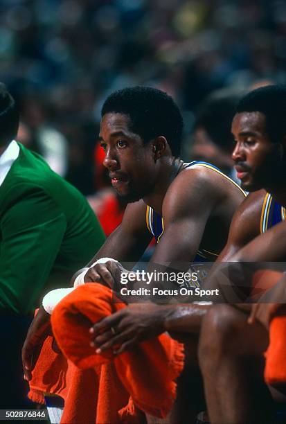 Dan Roundfield of the Indiana Pacers looks on from the bench against the Washington Bullets during an NBA basketball game circa 1978 at the Capital...