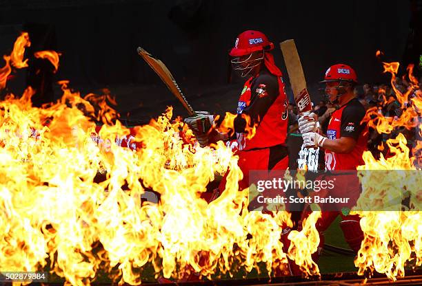 Chris Gayle and Aaron Finch of the Renegades walk through flames to open the batting during the Big Bash League match between the Melbourne Renegades...