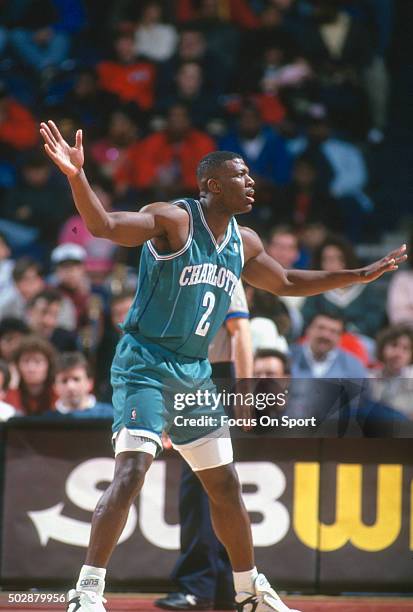 Larry Johnson of the Charlotte Hornets in action against the Washington Bullets during an NBA basketball game circa 1993 at the US Airways Arena in...