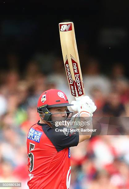Aaron Finch of the Renegades bats during the Big Bash League match between the Melbourne Renegades and the Perth Scorchers at Etihad Stadium on...