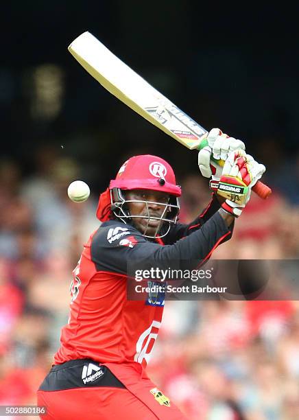 Chris Gayle of the Renegades bats during the Big Bash League match between the Melbourne Renegades and the Perth Scorchers at Etihad Stadium on...