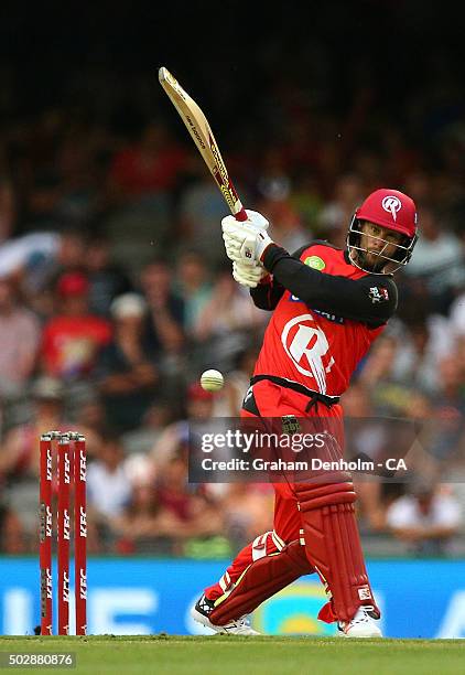 Matthew Wade of the Renegades plays a shot during the Big Bash League match between the Melbourne Renegades and the Perth Scorchers at Etihad Stadium...