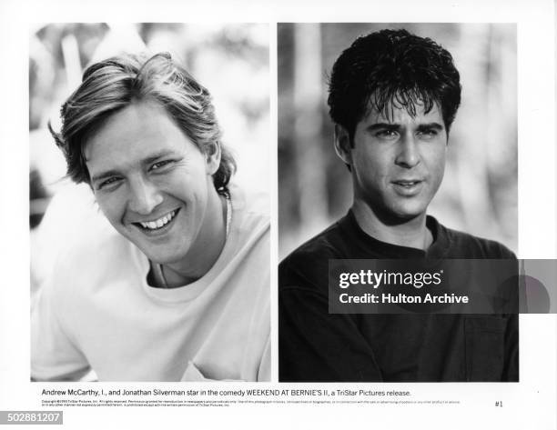 Actor Andrew McCarthy pose for the movie. Actor Jonathan Silverman looks on in a scene from the TriStar Pictures movie "Weekend at Bernie's II" circa...