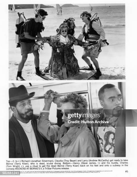 Jonathan Silverman, Troy Byer and Andrew McCarthy carry their dead boss Terry Kiser in a scene Steve James,Terry Kiser and Tom Wright ride the subway...