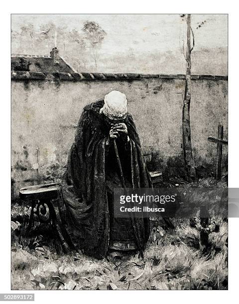 antique illustration of "deuil" by grayson - senior citizen clipart stock illustrations