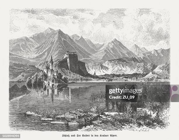 castle and lake bled in slovenia, published in 1875 - lake bled slovenia stock illustrations