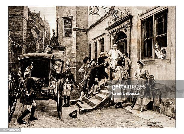 antique illustration of "arrest of voltaire in frankfurt" by girardet - house of voltaire stock illustrations