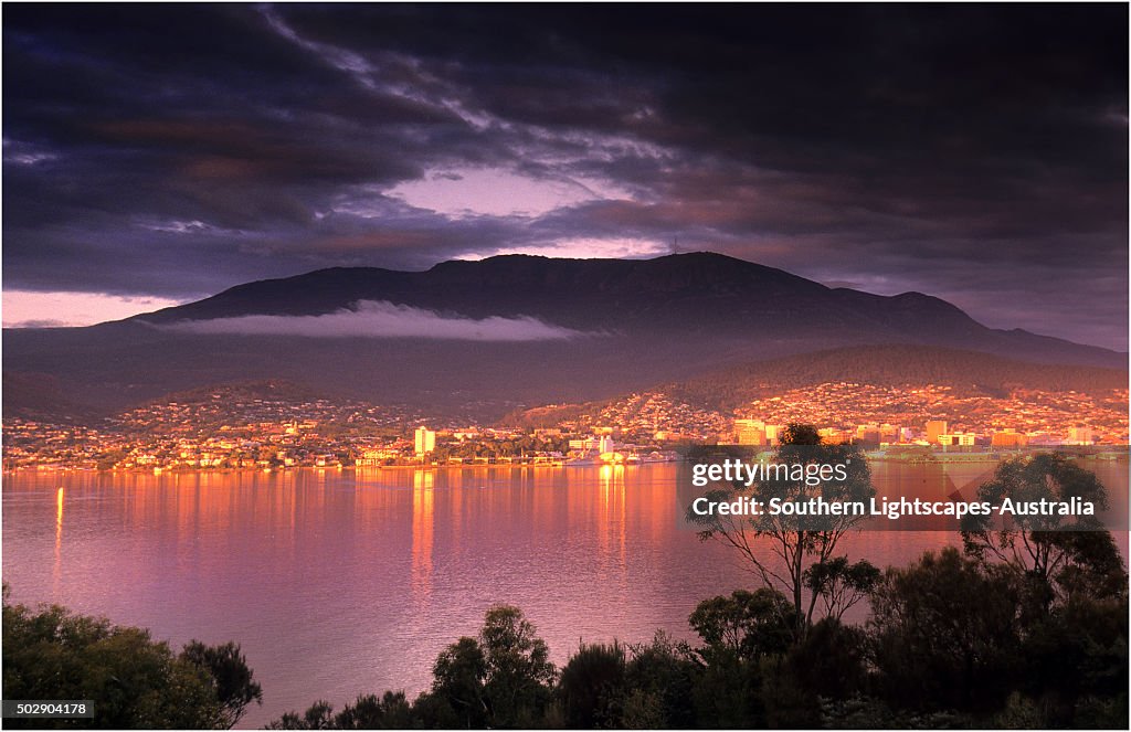 Hobart city at dawn as viewed from Rosny Point, southern Tasmania.