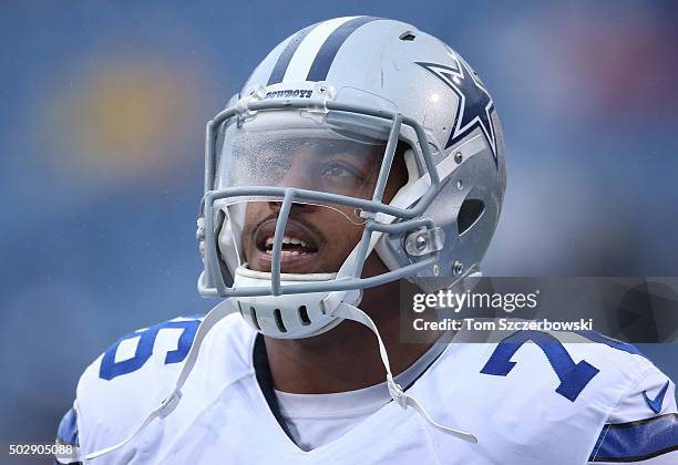 Greg Hardy of the Dallas Cowboys warms up before the start of their game against the Buffalo Bills during NFL game action at Ralph Wilson Stadium on...