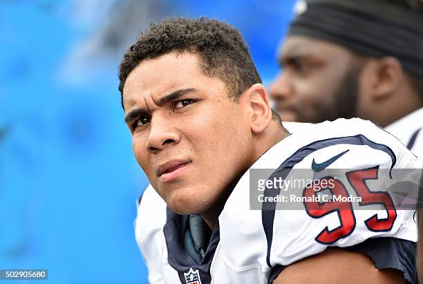 Christian Covington of the Houston Texans looks on during a NFL game against the Tennessee Titans at Nissan Stadium on December 20, 2015 in...