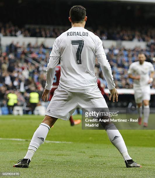 Cristiano Ronaldo of Real Madrid celebrates after scoring the opening goal during the La Liga match between Real Madrid CF and Real Sociedad at...