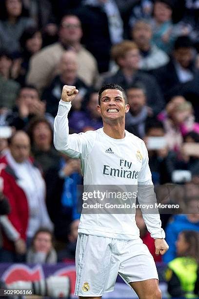 Cristiano Ronaldo of Real Madrid CF celebrates scoring their second goal during the La Liga match between Real Madrid CF and Real Sociedad de Futbol...