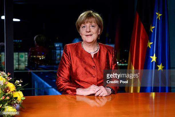 German Chancellor Angela Merkel records her televised new year's address at the Chancellery on December 30, 2015 in Berlin, Germany. Integration of...