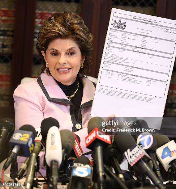 Attorney Gloria Allred speaks during a press conference in response to the felony sexual assault charges levied against comedian Bill Cosby stemming...