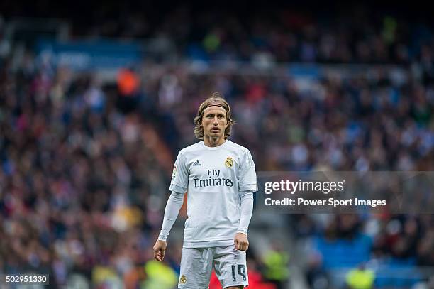 Luka Modric of Real Madrid CF looks on during the Real Madrid CF vs Real Sociedad match as part of the Liga BBVA 2015-2016 at the Estadio Santiago...