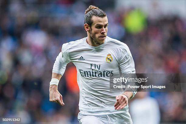 Gareth Bale of Real Madrid CF in action during the Real Madrid CF vs Real Sociedad match as part of the Liga BBVA 2015-2016 at the Estadio Santiago...