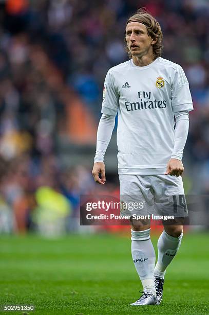 Luka Modric of Real Madrid CF looks on during the Real Madrid CF vs Real Sociedad match as part of the Liga BBVA 2015-2016 at the Estadio Santiago...