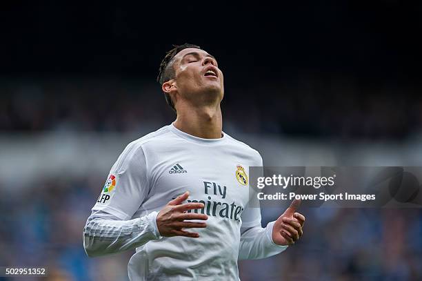 Cristiano Ronaldo of Real Madrid CF reacts during the Real Madrid CF vs Real Sociedad match as part of the Liga BBVA 2015-2016 at the Estadio...