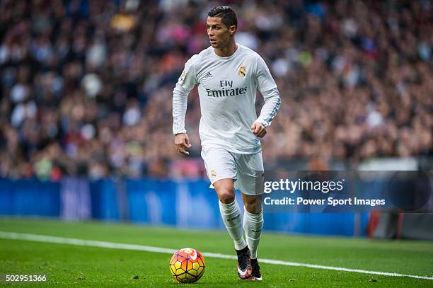 Cristiano Ronaldo of Real Madrid CF in action during the Real Madrid CF vs Real Sociedad match as part of the Liga BBVA 2015-2016 at the Estadio...