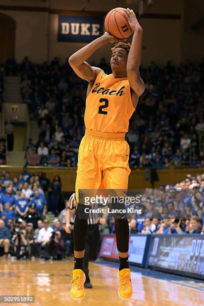 Nick Faust of the Long Beach State 49ers puts up a shot against the Duke Blue Devils at Cameron Indoor Stadium on December 30, 2015 in Durham, North...