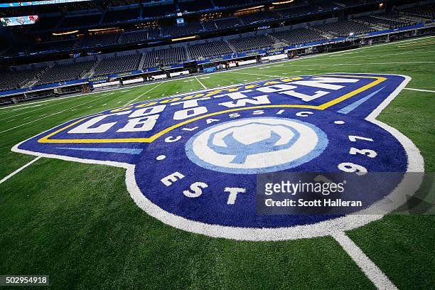 Detail shot of the Goodyear Cotton Bowl logo as seen on the 50-yard line leading up to the Goodyear Cotton Bowl between the Alabama Crimson Tide and...