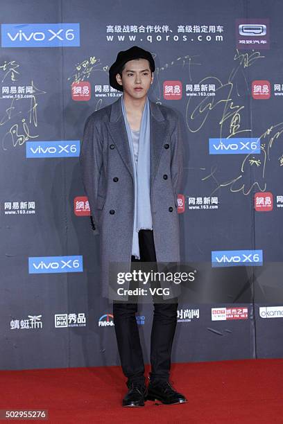 Singer and actor Kris Wu arrives at the red carpet of the 2015 Netease Attitude Awards at Master Card Center on December 30, 2015 in Beijing, China.