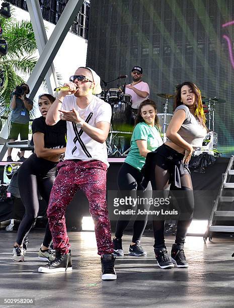 Yandel during Pitbull's New Year's Revolution rehearsal at Bayfront Park Amphitheater on December 30, 2015 in Miami, Florida.