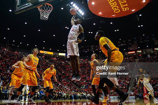 Winston SHepard of the San Diego State Aztecs dunks the ball in the first half against the Wyoming Cowboys at Viejas Arena on December 30, 2015 in...