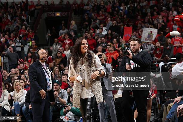 Bollywood Actress Neha Dhupia attends teh game between the Indiana Pacers and Chicago Bulls on December 30, 2015 at the United Center in Chicago,...