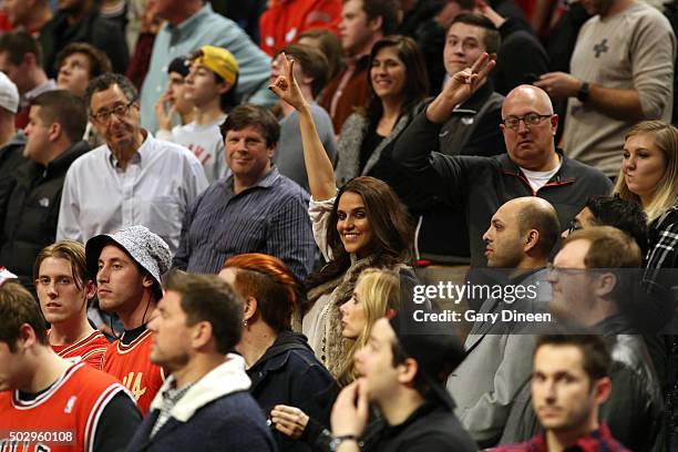 Bollywood Actress Neha Dhupia attends teh game between the Indiana Pacers and Chicago Bulls on December 30, 2015 at the United Center in Chicago,...