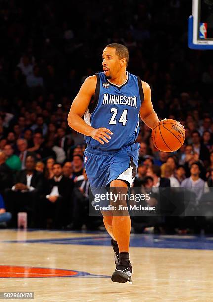 Andre Miller of the Minnesota Timberwolves in action against the New York Knicks at Madison Square Garden on December 16, 2015 in New York City. The...