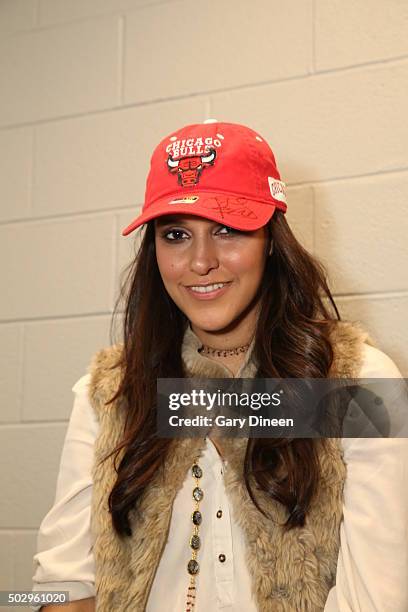 Bollywood Actress Neha Dhupia poses after the game between the Indiana Pacers and Chicago Bulls on December 30, 2015 at the United Center in Chicago,...