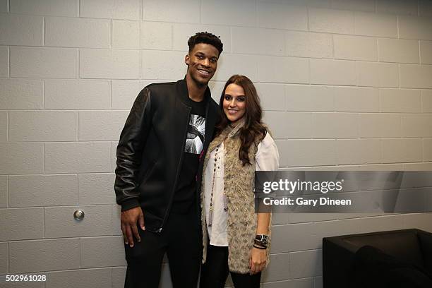 Bollywood Actress Neha Dhupia poses after the game with Jimmy Butler of the Chicago Bulls on December 30, 2015 at the United Center in Chicago,...