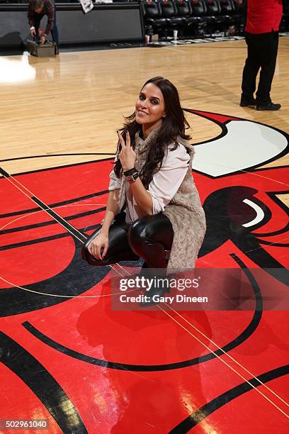 Bollywood Actress Neha Dhupia poses after game between the Indiana Pacers and Chicago Bulls on December 30, 2015 at the United Center in Chicago,...