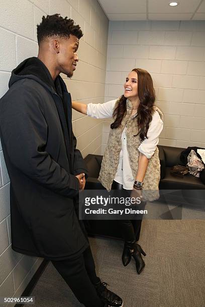 Bollywood Actress Neha Dhupia meets Jimmy Butler of the Chicago Bulls after the game against the Indiana Pacers on December 30, 2015 at the United...
