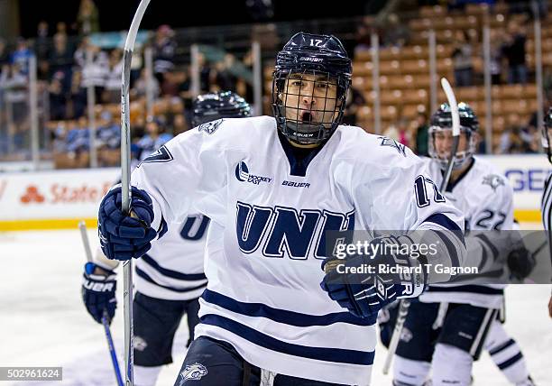 Marcus Vela of the New Hampshire Wildcats celebrates his goal against the Maine Black Bears during NCAA Hockey at the Verizon Wireless Arena on...