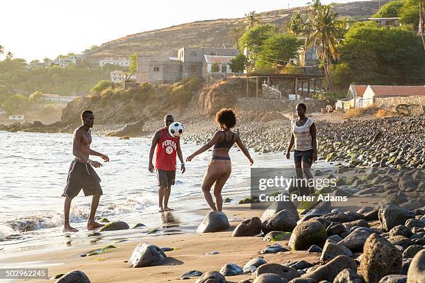 people playing beach football, santiago island - cidade velha stock-fotos und bilder