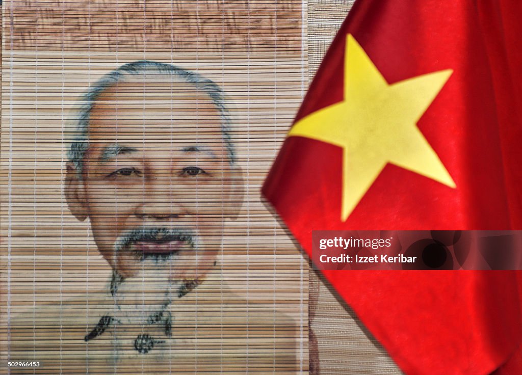 Ho Chi Minh effigy and Vietnamese flag