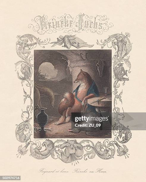 reynard the fox (reineke fuchs), steel engraving, published c. 1855 - fantasy border stock illustrations