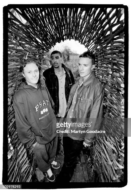 Prodigy, group portrait, Keith Flint, Leeroy Thornhill, Liam Howlett, Essex, United Kingdom, 1991.