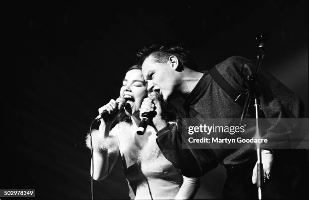 Bjork and Einar Orn Benediktsson of The Sugarcubes perform on stage in Paris, France, 1990.