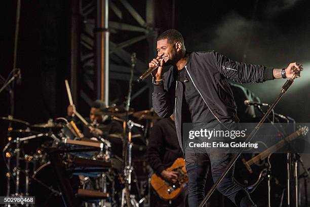 Usher performs during the 2016 Allstate Fan Fest at the Allstate Sugar Bowl in the Jax Brewery Parking Lot on December 30, 2015 in New Orleans,...