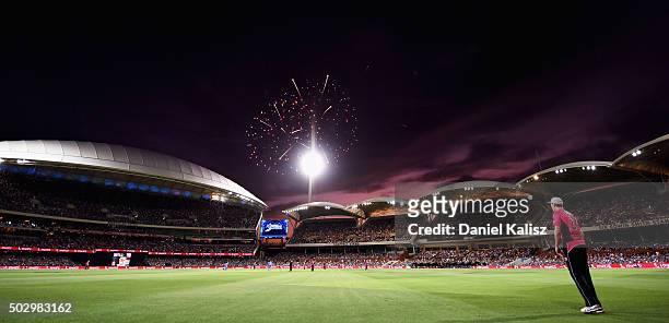 General view of play as fireworks are set off for new years eve celebrations during the Big Bash League match between the Adelaide Strikers and the...