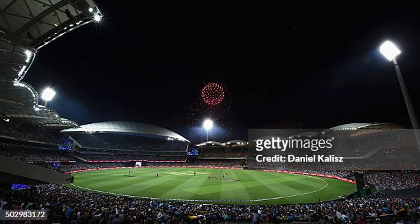 General view of play as fireworks are set off for new years eve celebrations during the Big Bash League match between the Adelaide Strikers and the...