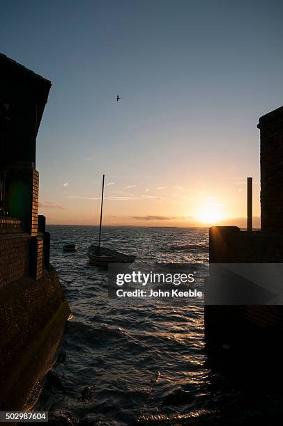 General view of boats at sunset on the Thames Estuary on December 29, 2015 in Leigh on Sea, England.