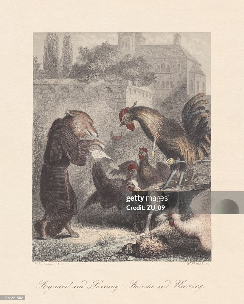 Reynard the Fox and Henning, steel engraving, published c. 1855